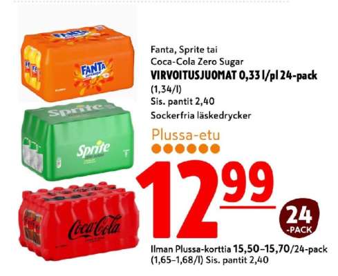 Fanta, Sprite tai Coca-Cola ZERO SUGAR VIRVOITUSJUOMAT 0,33 l/pl 24-pack