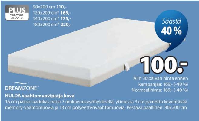 DREAMZONE HULDA vaahtomuovipatja kova