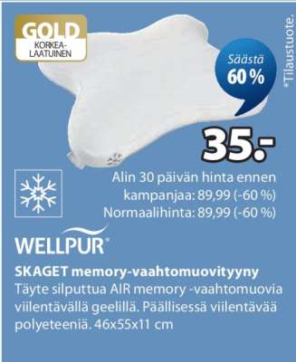 WELLPUR SKAGET memory-vahtomuovityyny