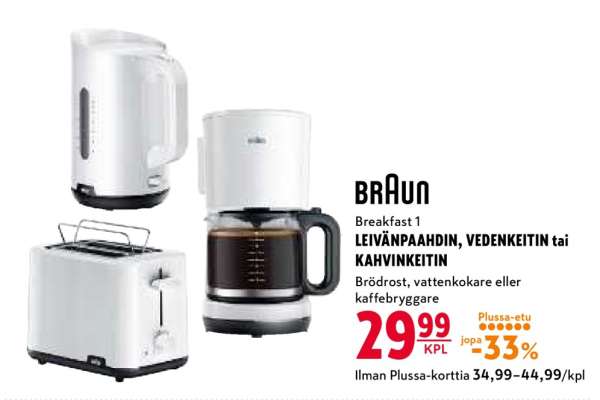 BRAUN Breakfast 1 LEIVÄNPAAHDIN, VEDENKEITIN tai KAHVINKEITIN