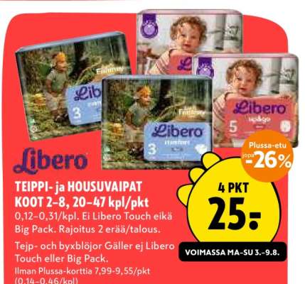 Libero TEIPPI- ja HOUSUVAIPAT KOOT 2-8 20-47 kpl/pkt