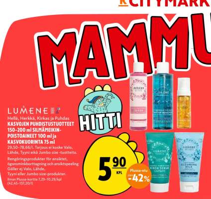 LUMENE Hellä, Herkkä, Kirkas ja Puhdas KASVOJEN PUHDISTUSTUOTTEET 150-200 ml SILMÄMEIKINPOISTOAINET 100 ml ja KASVOKUORINTA 75 ml