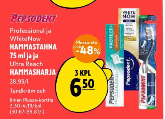 Pepsodent Professional ja WhiteNow HAMMASTAHNA 75 ml ja Ultra Reach HAMMASHARJA