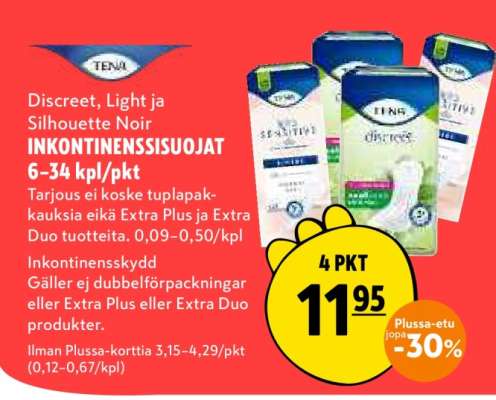 TENA Discreet, Light ja Silhouette Noir INKONTINENSSISUOJAT 6-34 kpl/pkt