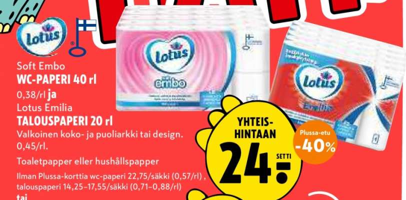 Lotus Soft Embo WC-PAPERI 40 rl ja Lotus Emilia TALOUSPAPERI 20 rl