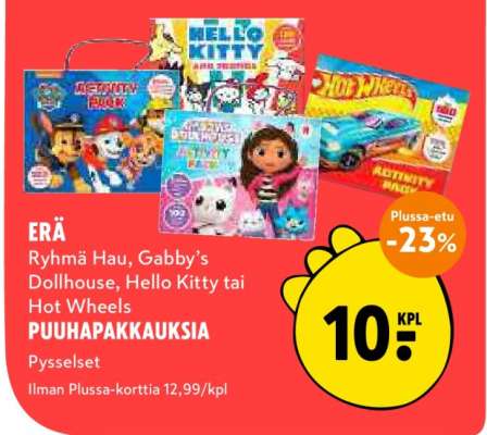 ERÄ Ryhmä Hau, Gabby’s Dollhouse, Hello Kitty tai Hot Wheels PUUHAPAKKAUKSIA