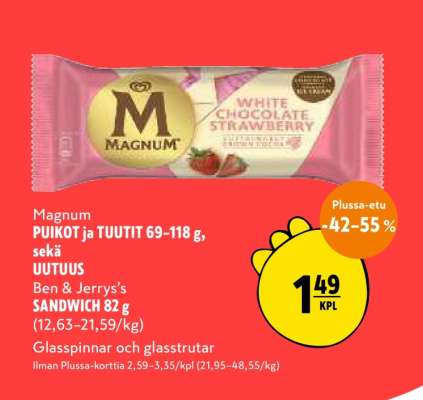 Magnum PUIKOT ja TUUTIT 69-118 g, sekä UUTUUS Ben & Jerry’s SANDWICH 82 g
