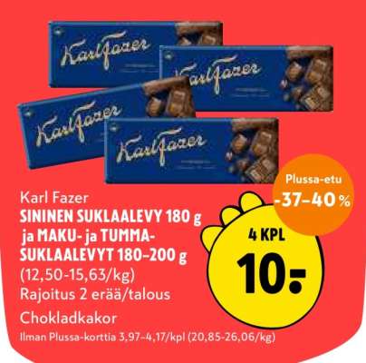 Karl Fazer SININEN SUKLAALEVY 180 g ja MAKU- ja TUMMA-SUKLAALEVYT 180–200 g