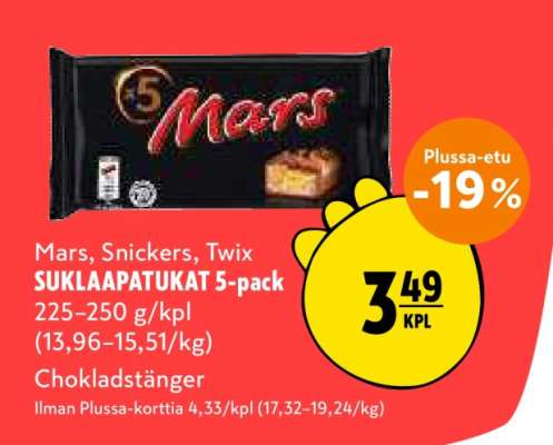 Mars, Snickers, Twix SUKLAAPATUKAT 5-pack