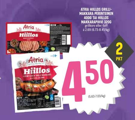 ATRIA HIILLOS GRILLI-MAKKARA PERINTEINEN 400G TAI HIILLOS MAKKARAPIHVI 320G