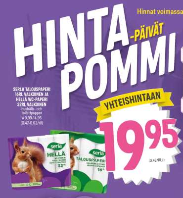 SERLA TALOUSPAPERI 16RL VALKOINEN JA HELLÄ WC-PAPERI 32RL VALKOINEN
