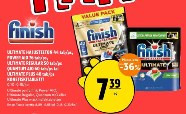 Finish ULTIMATE HAJUSTEETON 44 tab/ps, POWER AIO 76 tab/ps, ULTIMATE REGULAR 50 tab/ps, QUANTUM AIO 60 tab/ps tai ULTIMATE PLUS 40 tab/ps KONETISKITABLETIT