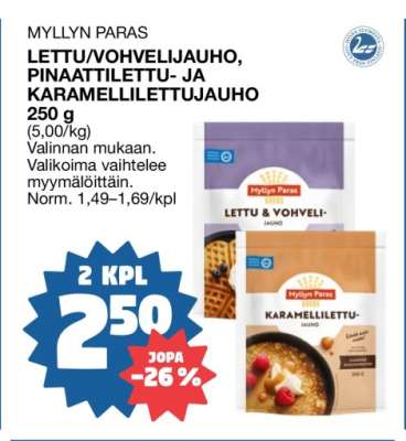 MYLLYN PARAS LETTU/VOHVELIJAUHO, PINAATTILETTU- JA KARAMELILETTUJAUHO