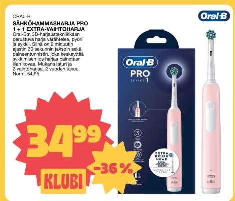 ORAL-B SÄHKÖHAMMASHARJA PRO 1, 1 EXTRA-VAIHTOHARJA