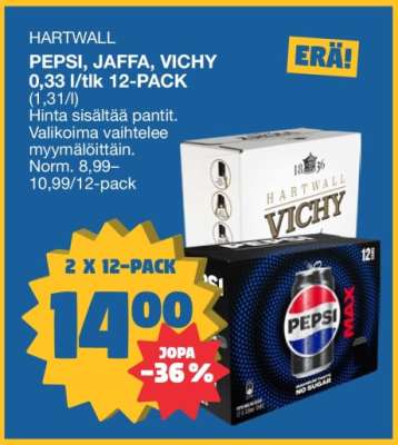 HARTWALL PEPSI, JAFFA, VICHY 0,33 l/tlk 12-PACK