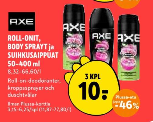 AXE ROLL-ONIT, BODY SPRAYT ja SUIHKUSAIPPUAT 50-400 ml