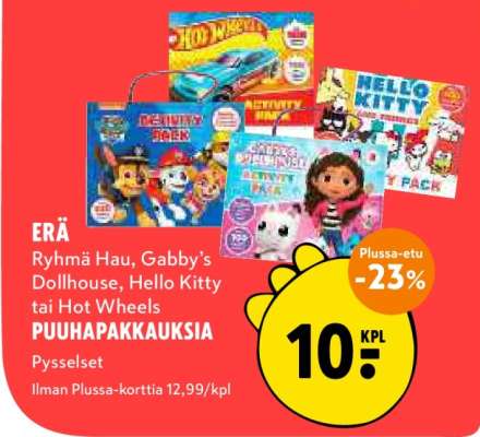 ERÄ Ryhmä Hau, Gabby’s Dollhouse, Hello Kitty tai Hot Wheels PUUHAPAKKAUKSIA