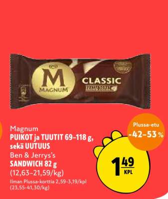 Magnum PUIKOT ja TUUTIT 69-118 g, sekä UUTUUS Ben & Jerry’s SANDWICH 82 g
