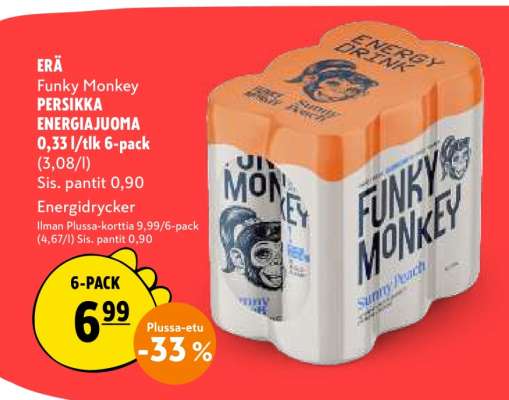 Funky Monkey PERSIKKA ENERGIAJUOMA 0,33 l/tlk 6-pack