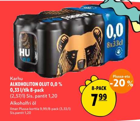 Karhu ALKOHOLITON OLUT 0,0 % 0,33 l/tlk 8-pack