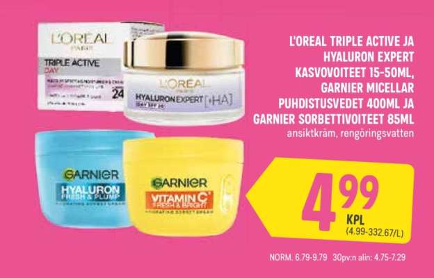 L'OREAL TRIPLE ACTIVE JA HYALURON EXPERT KASVOVOITEET 15-50ML, GARNIER MICELLAR PUHDISTUSVEDET 400ML JA GARNIER SORBETTIVOITEET 85ML