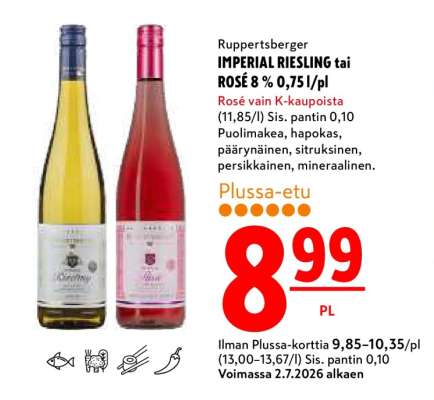 Ruppertsberger IMPERIAL RIESLING tai ROSÉ 8 % 0,75 l/pl