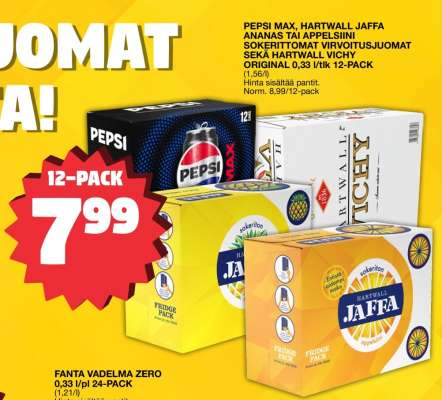 PEPSI MAX, HARTWALL JAFFA ANANAS TAI APPELSIINI SOKERITTOMAT VIRVOITUSJUOMAT SEKÄ HARTWALL VICHY ORIGINAL