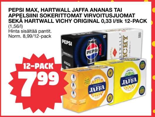 PEPSI MAX, HARTWALL JAFFA ANANAS TAI APPELSIINI SOKERITTOMAT VIRVOITUSJUOMAT SEKÄ HARTWALL VICHY ORIGINAL 0,33 l/tlk 12-PACK