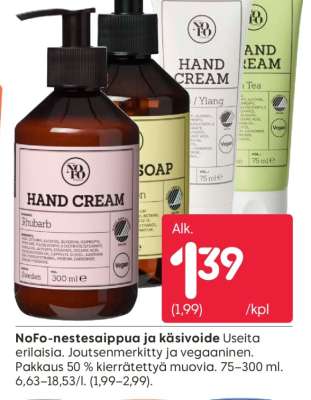 NoFo-nestesaippua ja käsivoide