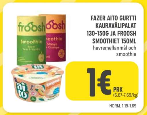 FAZER AITO GURTTI KAURAVÄLIPALAT 130-150G JA FROOSH SMOOTHIET 150ML
