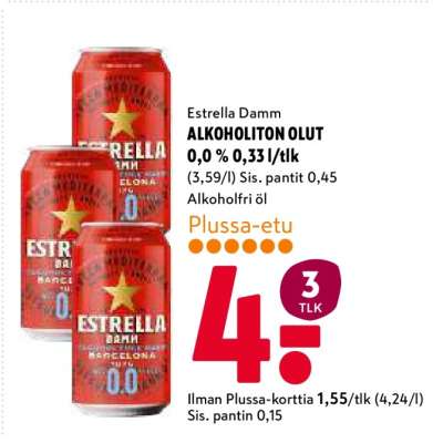 Estrella Damm ALKOHOLITON OLUT 0,0 % 0,33 l/tlk