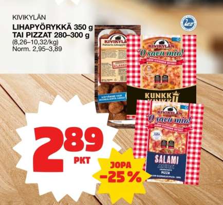 Kivikylän Lihapyörykkä 350 g tai Pizzat 280–300 g