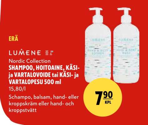 LUMENE Nordic Collection SHAMPOO, HOITOAINE, KÄSI- ja VARTALOVOIDE tai KÄSI- ja VARTALOPESE 500 ml