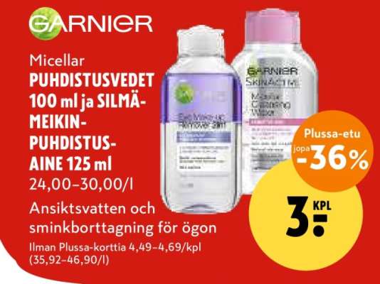 GARNIER Micellar PUHDISTUSVEDET 100 ml ja SILMÄMEIKINPUHDISTUSAINE 125 ml
