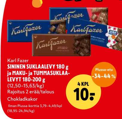 Karl Fazer SININEN SUKLAALEVY 180 g ja MAKU- ja TUMMASUKLAA-LEVYT 180-200 g