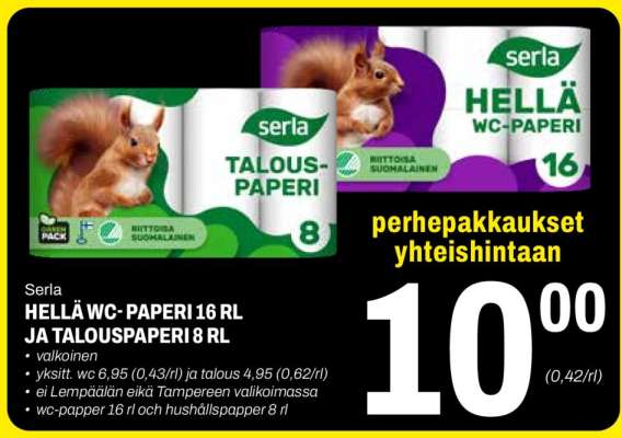 Serla HELLÄ WC-PAPERI 16 rl ja TALOUSPAPERI 8 rl