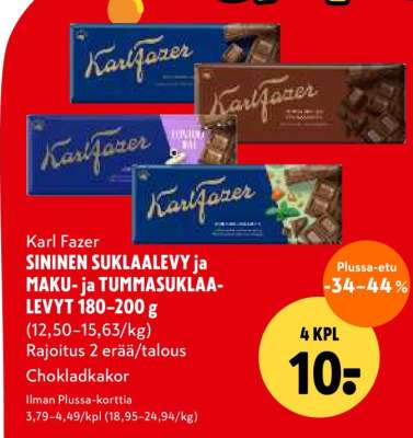 Karl Fazer SININEN SUKLAALEVY ja MAKU- ja TUMMASUKLAALEVYT 180–200 g