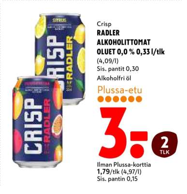 Crisp RADLER ALKOHOLITTOMAT OLUET 0,0 % 0,33 l/tlk