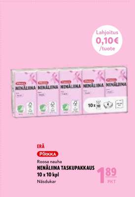PIRKKA Roosa nauha NENÄLIINA TASKUPAKKAUS 10 x 10 kpl