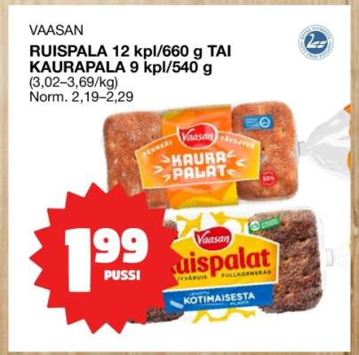 VAASAN RUISPALA 12 kpl/660 g TAI KAURAPALA 9 kpl/540 g