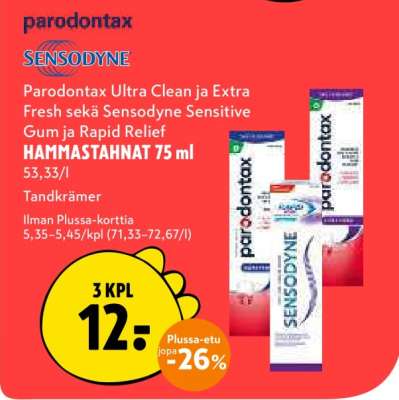 Parodontax Ultra Clean ja Extra Fresh sekä Sensodyne Sensitive Gum ja Rapid Relief HAMMASTAHNAT 75 ml