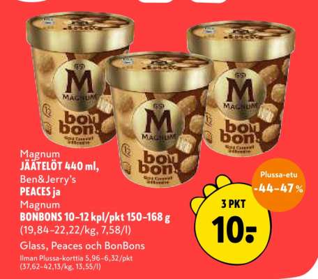Magnum JÄÄTELÖT 440 ml, Ben&Jerry’s PEACES ja Magnum BONBONS 10–12 kpl/pkt 150–168 g
