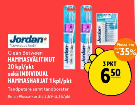 Jordan Clean Between HAMMASVÄLITIKUT 20 kpl/pkt sekä INDIVIDUAL HAMMASHARJAT 1 kpl/pkt