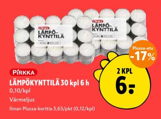 PIRKKA LÄMPÖKYNTTILÄ 30 kpl 6 h