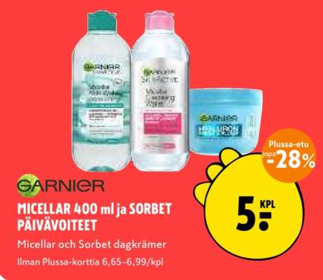 GARNIER MICELLAR 400 ml ja SORBET PÄIVÄVOITEET