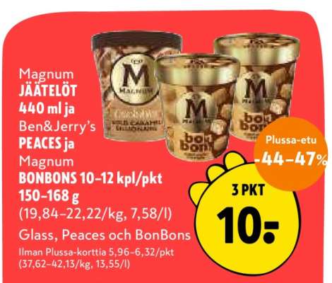 Magnum JÄÄTELÖT 440 ml ja Ben&Jerry’s PEACES ja Magnum BONBONS 10–12 kpl/pkt 150–168 g