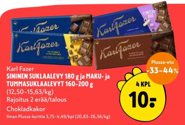 Karl Fazer SININEN SUKLAALEVY 180 g ja MAKU- ja TUMMASUKLAALEVYT 160–200 g