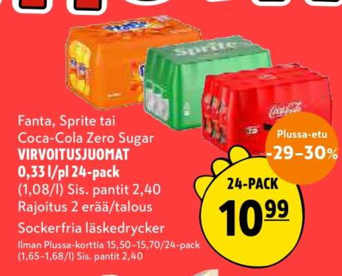 Fanta, Sprite tai Coca-Cola ZERO SUGAR VIRVOITUSJUOMAT 0,33 l/pl 24-pack