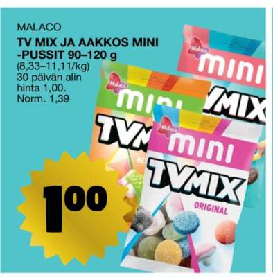MALACO TV MIX JA AAKKOS MINI -PUSSIT 90–120 g
