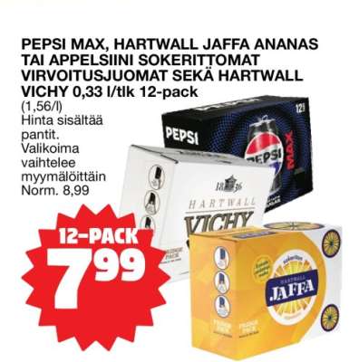 PEPSI MAX, HARTWALL JAFFA ANANAS TAI APPELSIINI SOKERITTOMAT VIRVOITUSJUOMAT SEKÄ HARTWALL VICHY